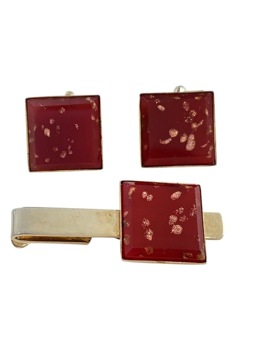 Vintage Red Enamel Cufflinks & Tie Bar Gold Tone Square Mid Century Set